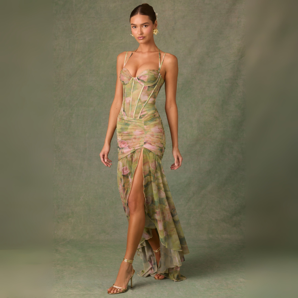 Mae Floreale Abito Arricciato con Spacco per Donna