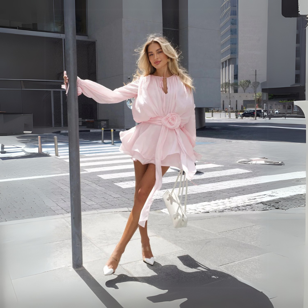 Jane Elegante Abito Corto con Volant e Cintura per Donna