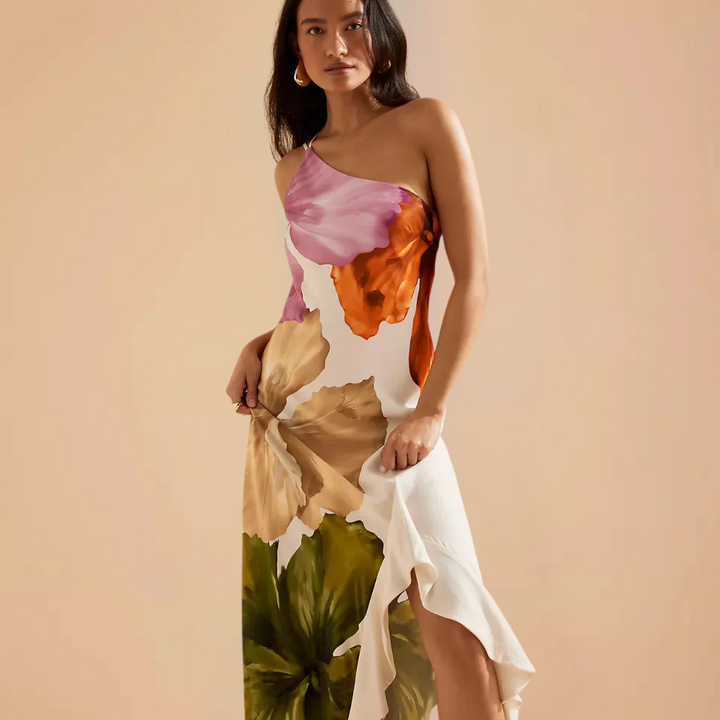 Alma Elegante Abito Lungo Floreale Monospalla per Donna