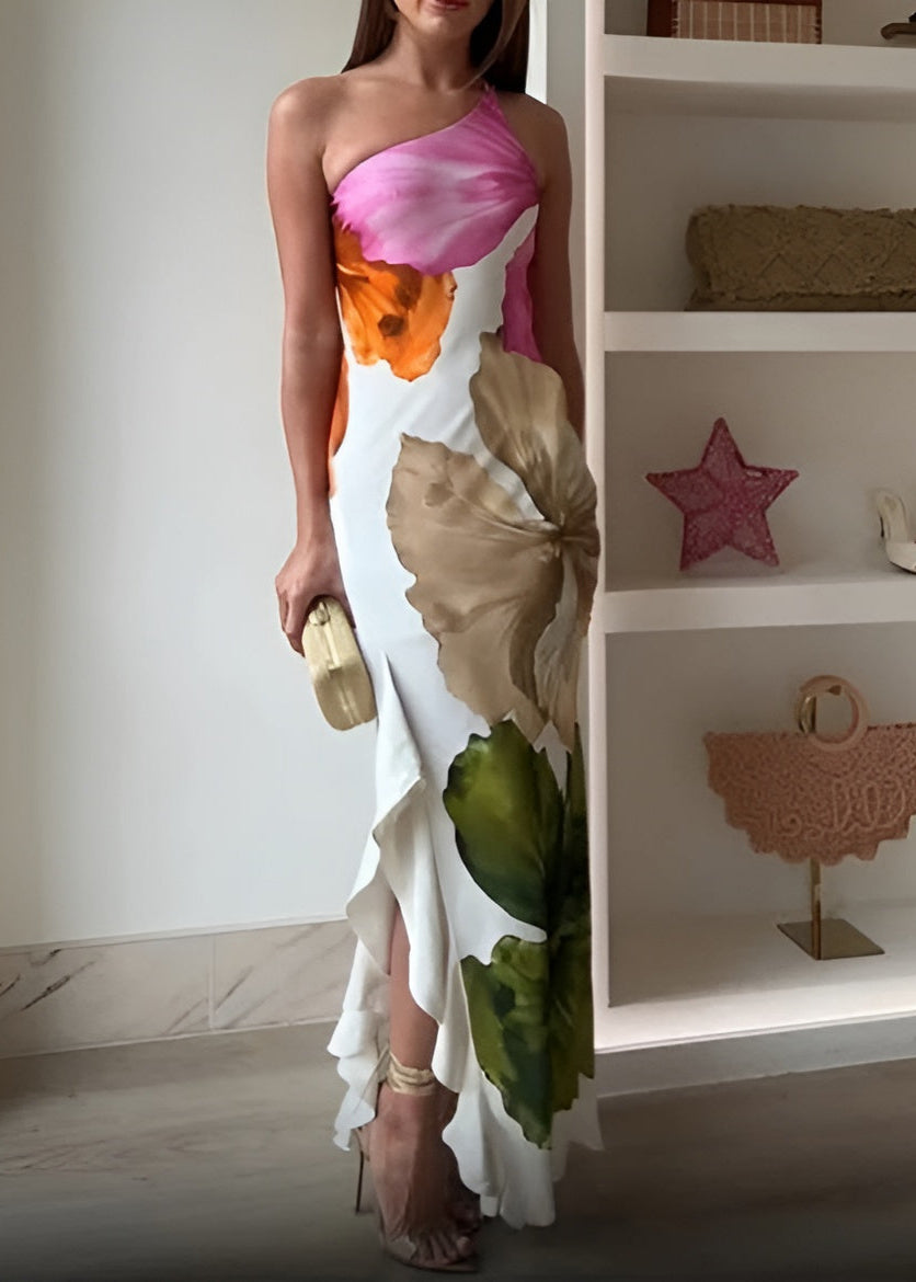 Alma Elegante Abito Lungo Floreale Monospalla per Donna