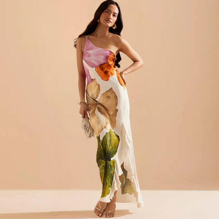 Alma Elegante Abito Lungo Floreale Monospalla per Donna